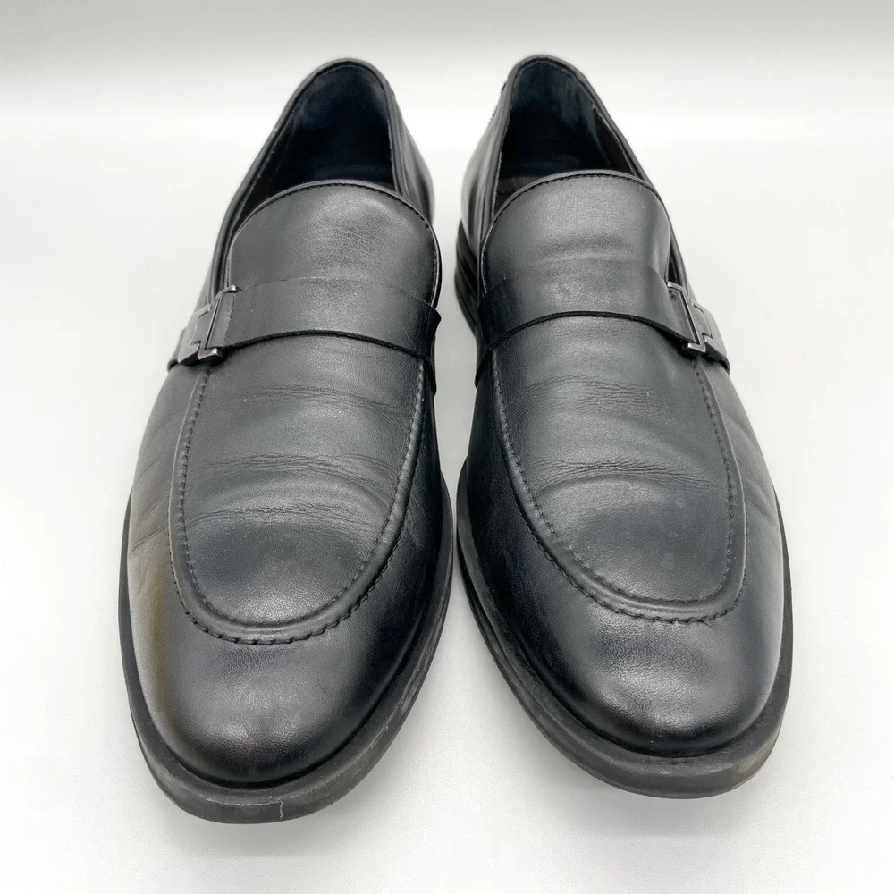 Bruno Magli Mens 12 Pablo Buckle Loafers Black Leather Apron Toe Shoes Preppy